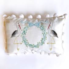 13"x17" Stork Pillow with large cream pompoms-blue - Breckenridge Baby