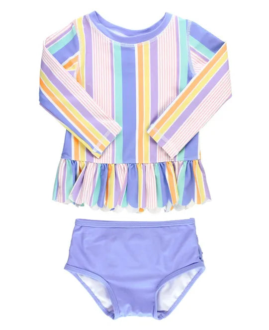 Rainbow Lane Stripe Scalloped Long Sleeve Rash Guard 2-Piece - Breckenridge Baby