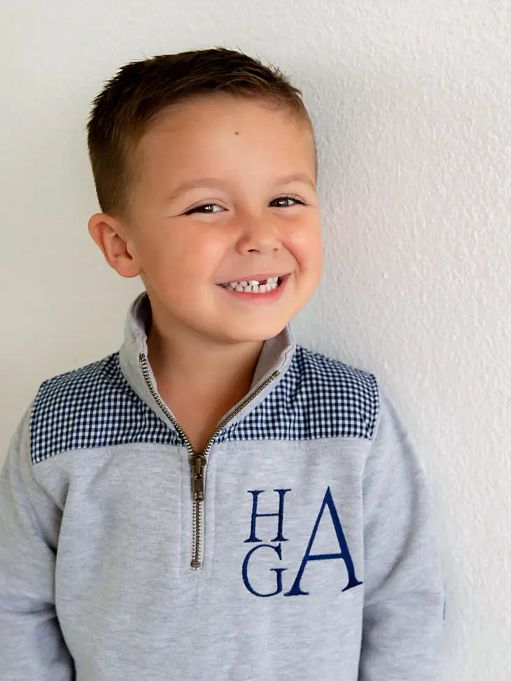 Youth Miller Pullover - Grey with Navy Gingham - Breckenridge Baby