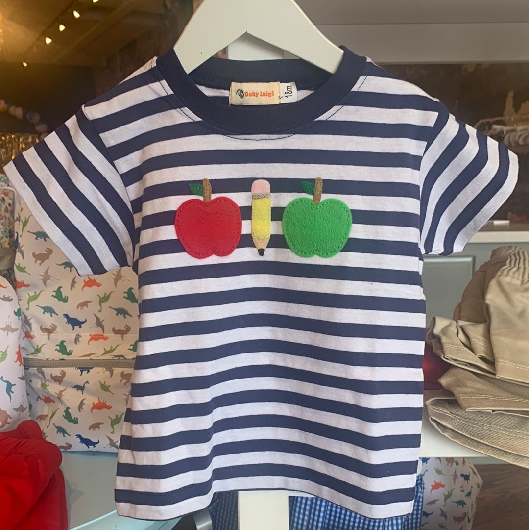 Royal/White Stripe Apples & Pencil Shirt - Breckenridge Baby
