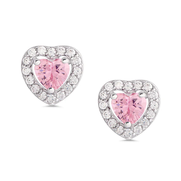 Pink & White CZ Heart Halo Stud Earrings in Sterling Silver - Breckenridge Baby