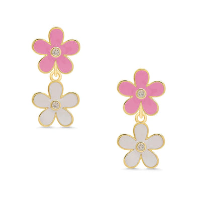 Double Flower CZ Dangle Earrings - Pink/White - Breckenridge Baby