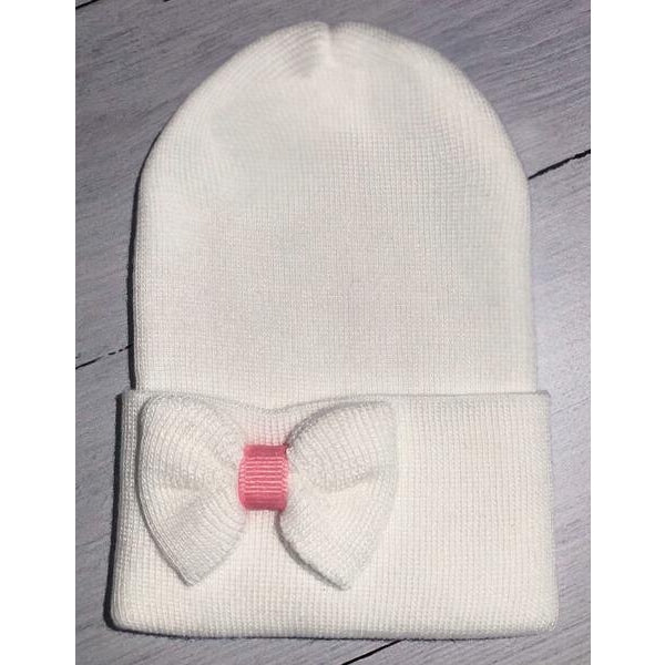 White Hat with Mini White Bow and Pink Center - Breckenridge Baby