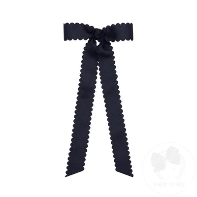 Mini Scalloped Edge Grosgrain Bow with Streamer Tails - Navy - Breckenridge Baby