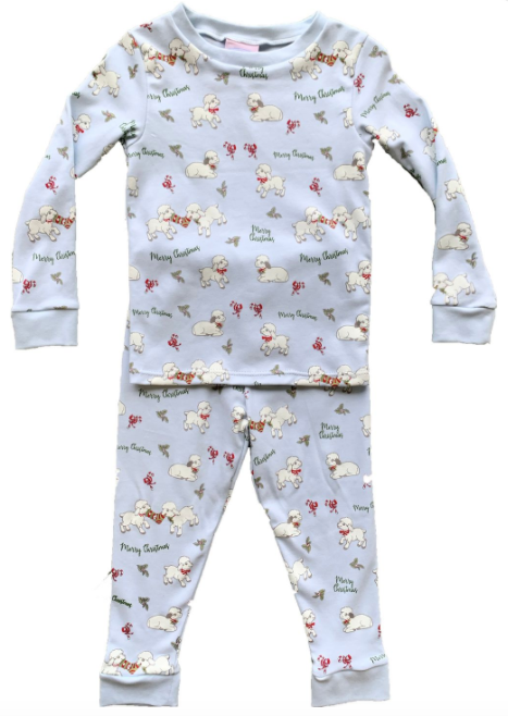 Boys Sweet Dreams Pajamas - Lt Blue Knit w Christmas Lambs - Breckenridge Baby