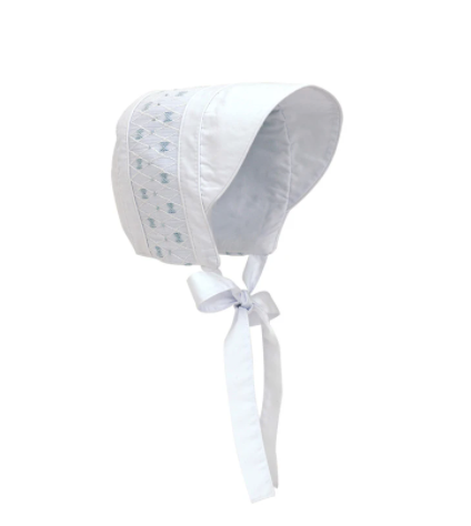 Sweetly Smocked Bonnet - White with Buckhead Blue - Breckenridge Baby