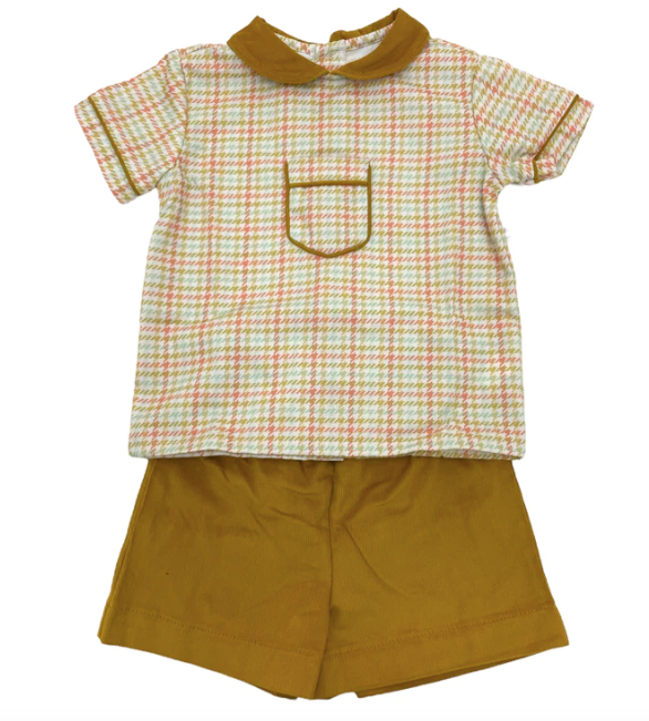 Boys Top & Short Set - Butternut Plaid Top with Ginger Cord - Breckenridge Baby