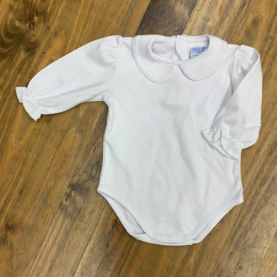 White Knit White Trim Long Sleeve Girls Onesie - Breckenridge Baby