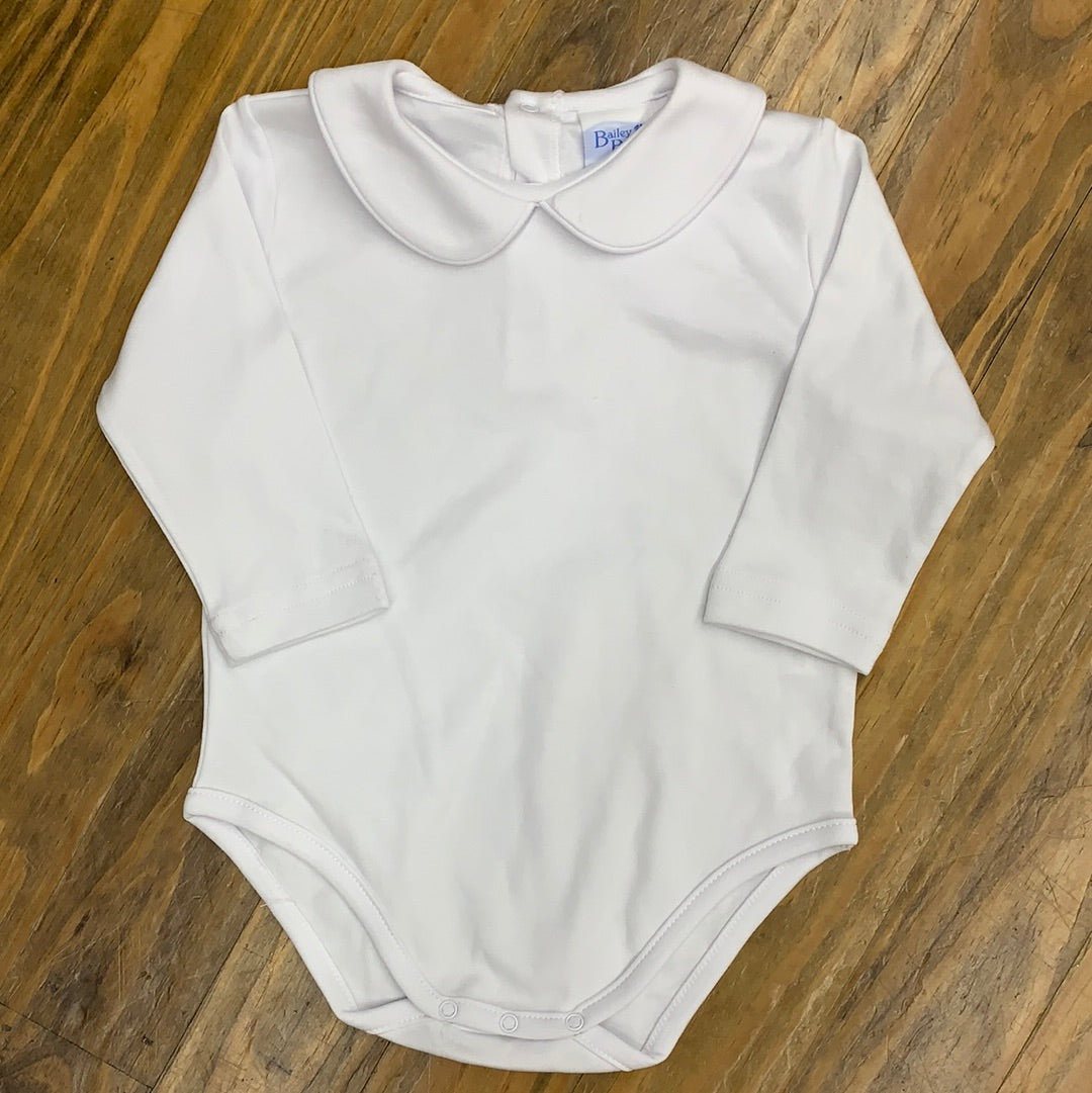 White Knit White Trim Long Sleeve Boys Onesie - Breckenridge Baby