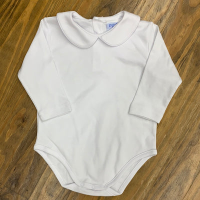 White Knit White Trim Long Sleeve Boys Onesie - Breckenridge Baby