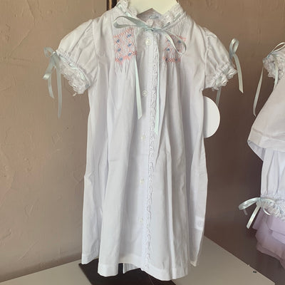 Heirloom Gown White Batiste w Blue/Pink Smocking (3393) - Breckenridge Baby