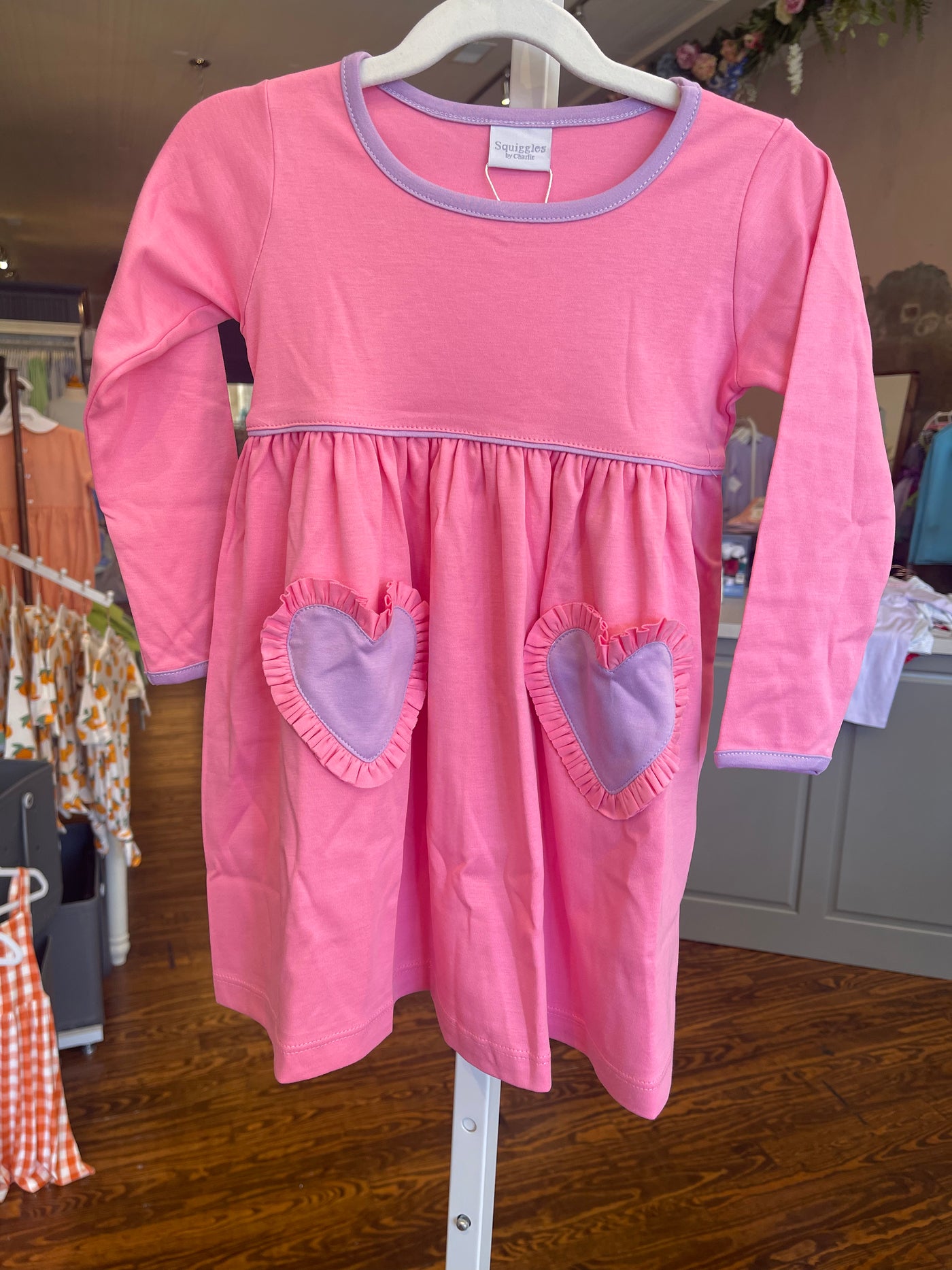 Pink Popover Dress with Purple Ruffle Heart Pockets & Trim - Breckenridge Baby