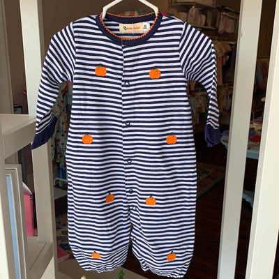 Girl Navy & White Striped Long Sleeve Pumpkins Playsuit - Breckenridge Baby