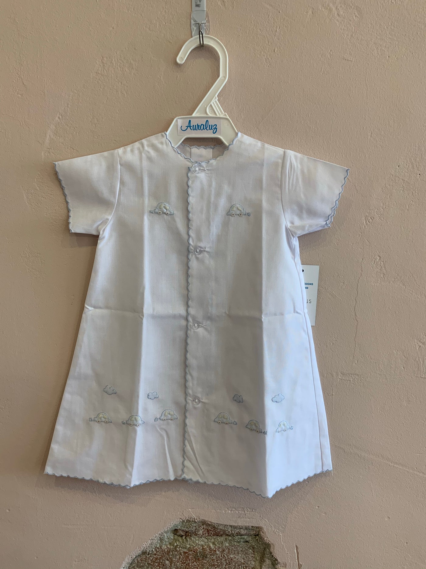Short Sleeve Day Gown - White with Blue Rowcar - Breckenridge Baby