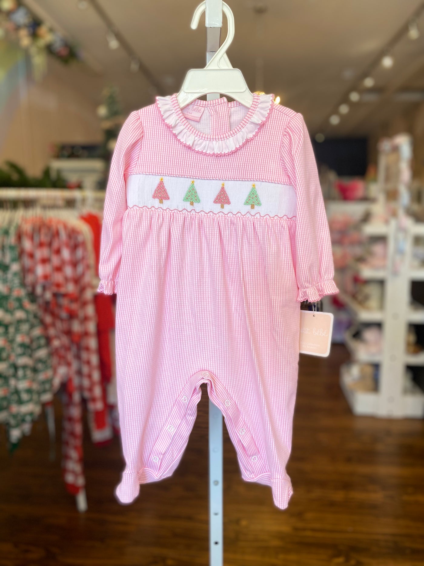 Pink Check Knit Girls Footie - Pastel Trees - Breckenridge Baby