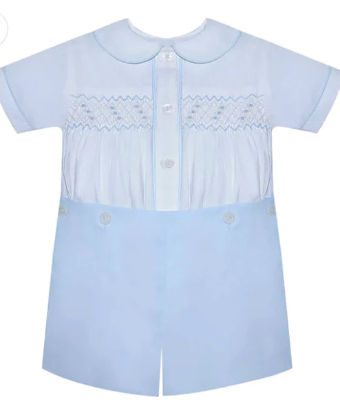 Blue Harrison Button on Suit with Blue Smocked - Breckenridge Baby