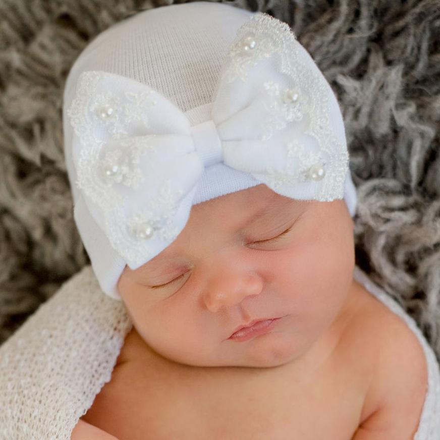 ilybean Pearl and Lace Trim White Big Bow Newborn Girl Hospital Hat - Breckenridge Baby