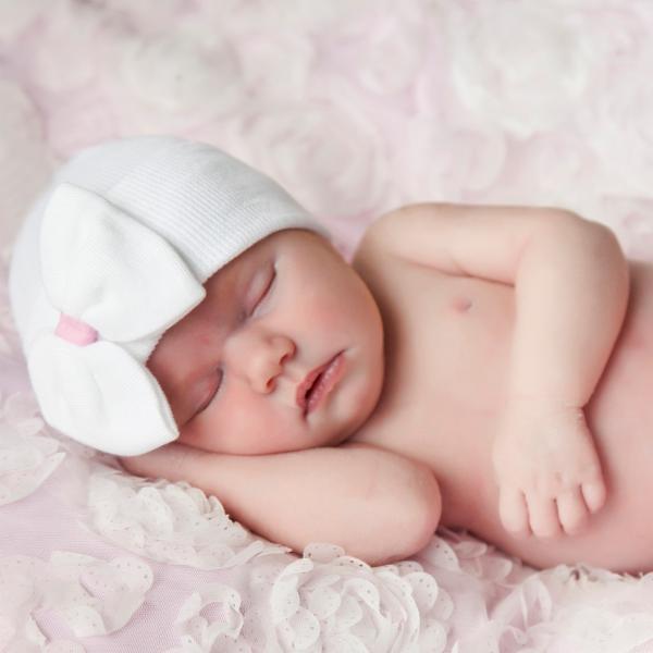ilybean Willa White Bow Hospital Hat with Pink Ribbon Bow - Breckenridge Baby